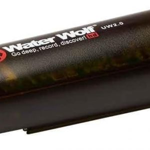 Wolf Camera in CamoTech Green—looks sharp, right? It's got this sleek design and is waterproof too. Sitting on a rustic wooden table next to some fishing gear, it’s ready for any adventure. Perfect for those rugged outings.