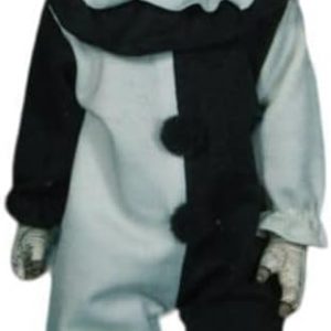 Terrifier Doll showcasing Art the Clown, decked out in his eerie black-and-white get-up—he's clutching a meat cleaver like it’s no big deal. All packed in a die-cut window box that’s kinda creepy, but also cool.