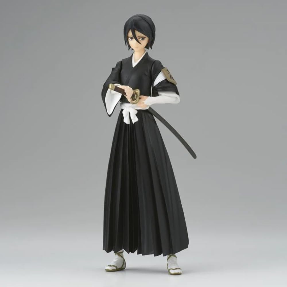 Rukia figure caught in a fierce stance—rocking her iconic black and white gear. The sword? Super detailed, and her face, wow, it really shows that fierce determination.