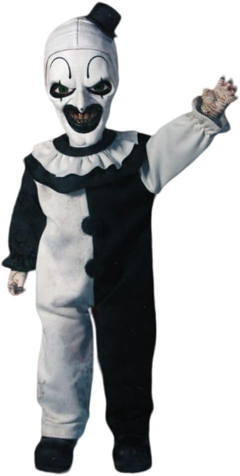 The Terrifier Doll is a creepy 10.5 inches tall, rocking a black-and-white clown outfit that’s just unsettling enough. Holding a meat cleaver—yeah, you read that right—it’s all packed into a die-cut window box that makes this thing look like it’s ready to jump out and surprise you. Perfect for those who love a good scare or want to freak out their friends!