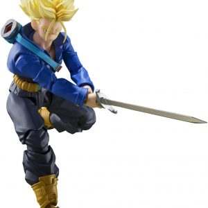 Super Saiyan Trunks action figure from Dragon Ball Z—check out those striking facial details, the wild spiky blonde hair, and don’t forget his iconic sword. It’s all set against a crisp white backdrop. A must-have for any fan!