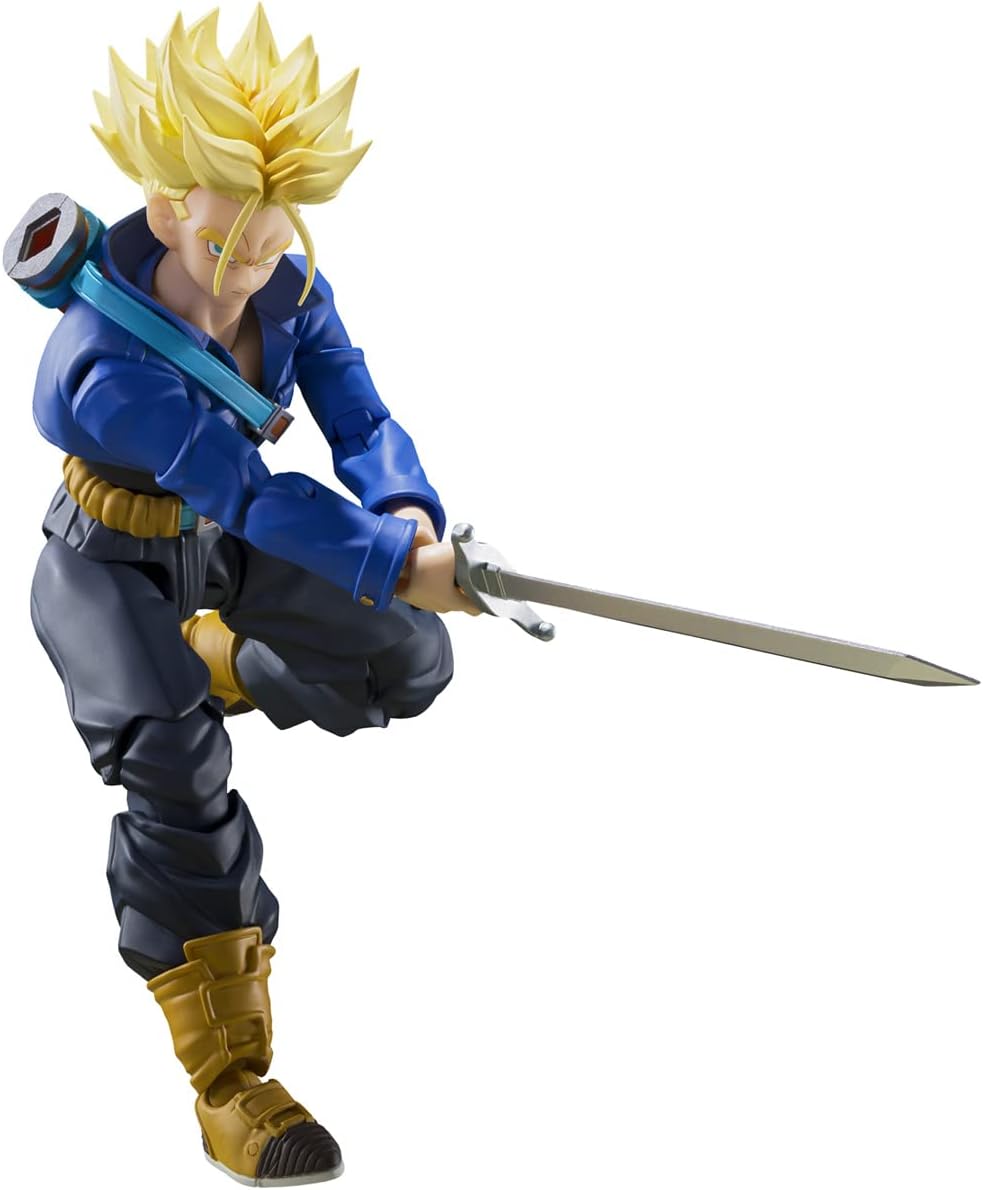 Super Saiyan Trunks action figure from Dragon Ball Z—check out those striking facial details, the wild spiky blonde hair, and don’t forget his iconic sword. It’s all set against a crisp white backdrop. A must-have for any fan!