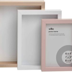 Three chic Wilko picture frames, each a different but matching colour—perfect for highlighting your memories. They’ve got this slick finish, sturdy enough to hold up your favourite moments.