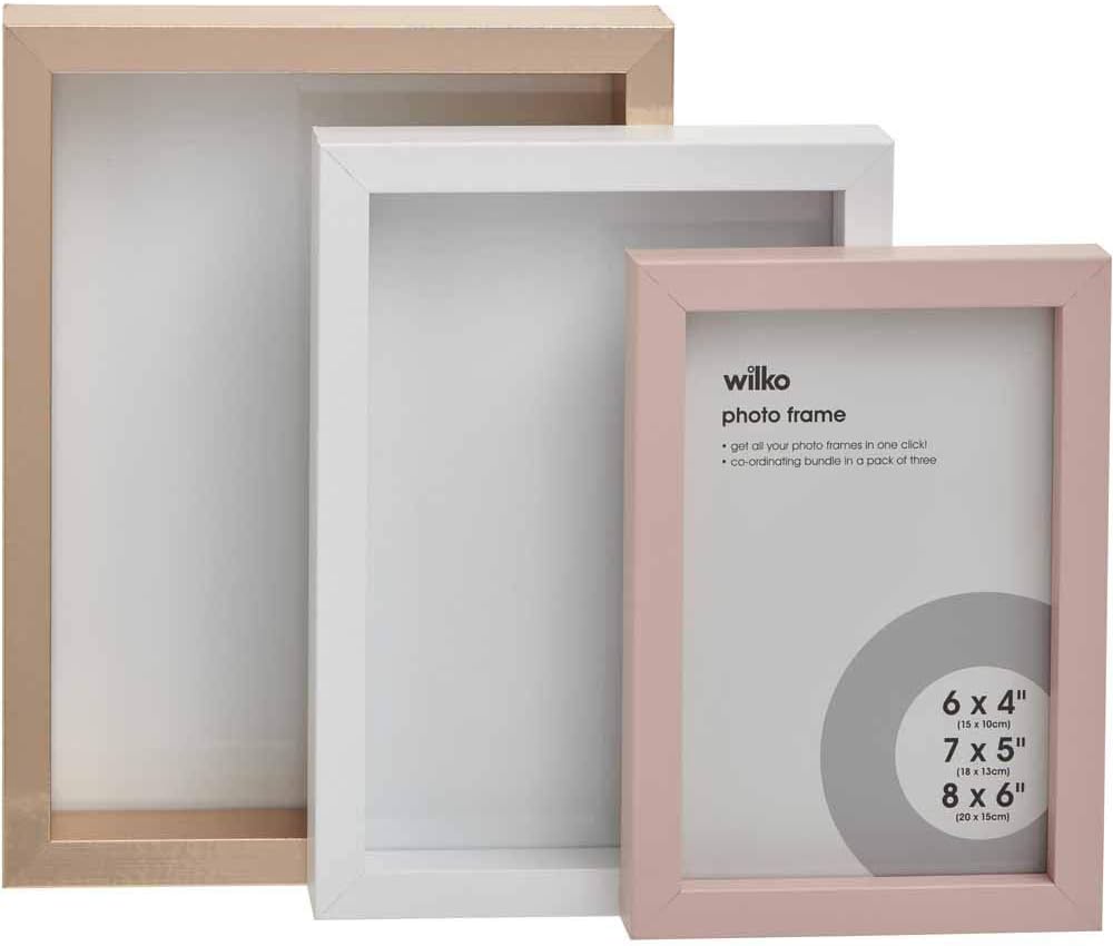 Three chic Wilko picture frames, each a different but matching colour—perfect for highlighting your memories. They’ve got this slick finish, sturdy enough to hold up your favourite moments.