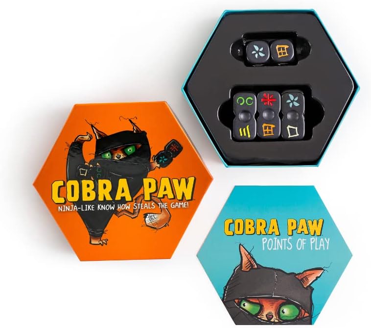 Cobra Paw game box, bursting with vibrant colours—eye-catching artwork that pulls you in. The title bold and playful, plus... game components hinted at. It’s like, hey, who wouldn’t want to dive into this fun?