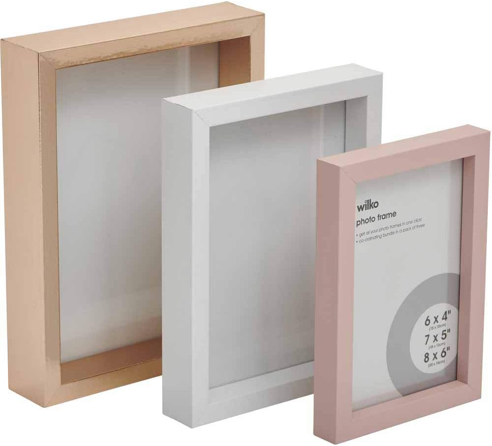 A trio of chic picture frames—each one in a different but matching colour. They pop with energy! Perfect for displaying your fave photos, especially against a soft, neutral backdrop.