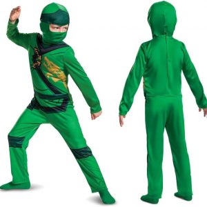 Kid rocking a bright LEGO Ninjago costume—mask on, printed details popping. Looks super ready to dive into an adventure!