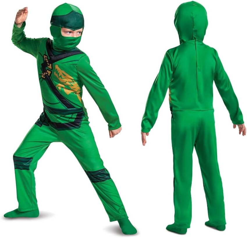 Kid rocking a bright LEGO Ninjago costume—mask on, printed details popping. Looks super ready to dive into an adventure!