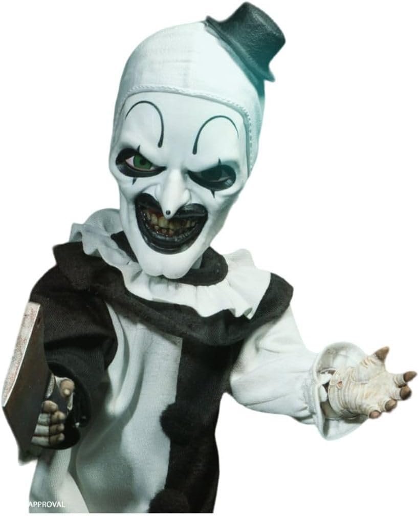 Terrifier Doll, a striking 10.5 inches tall—dressed in a bold black-and-white clown getup, gripping a meat cleaver like it’s a trophy. Comes in a die-cut window box, perfect for showcasing, or maybe just creeping you out on the shelf.