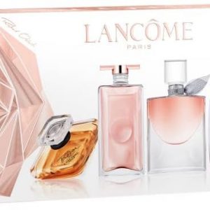 A sleek little bottle of Lancôme perfume—gold cap glistening, the design is just lovely. It’s all about elegance here, you know? Perfect for your vanity or a gift for someone special.