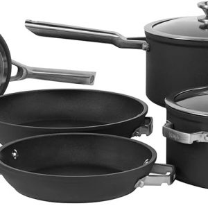 Ninja Stackable cookware set — three sleek saucepans and two frying pans in a chic grey. It’s all about saving space! And those oven-safe glass lids? A total game changer for keeping an eye on your culinary masterpieces.