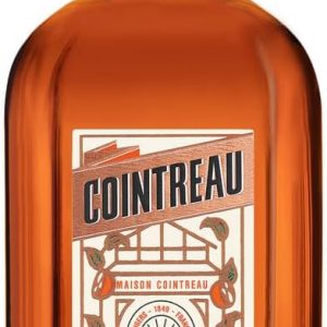 Tiny Cointreau bottle—classic vibes, you know? That vibrant orange label pops against the clear glass, showing off the lovely liqueur inside. All this on a clean white backdrop. Perfect for a gift or just to sip in style.