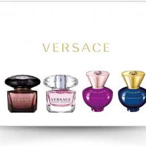 A stunning array of mini Versace fragrances—each bottle nestled in a lavish box that screams luxury. The iconic Versace logo shines, hinting at the opulence inside. Perfect for collectors or just a treat for yourself.