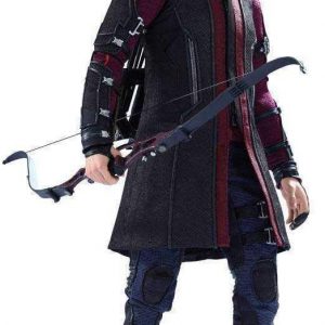 Hawkeye action figure, poised mid-action—classic costume, bow drawn, arrow ready. The backdrop is simple but lets him pop, right? Just screams superhero vibes.