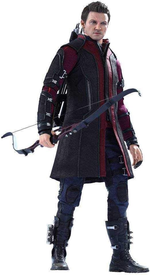 Hawkeye action figure, poised mid-action—classic costume, bow drawn, arrow ready. The backdrop is simple but lets him pop, right? Just screams superhero vibes.