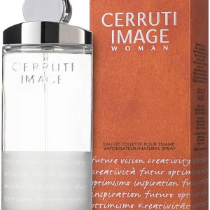 A polished Cerruti Image fragrance bottle for men—sleek lines, shiny silver cap. It stands out against pure white, calling to attention. Fresh, bold, but with a hint of sophistication.