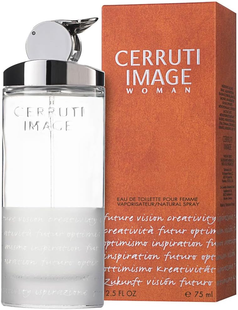 A polished Cerruti Image fragrance bottle for men—sleek lines, shiny silver cap. It stands out against pure white, calling to attention. Fresh, bold, but with a hint of sophistication.