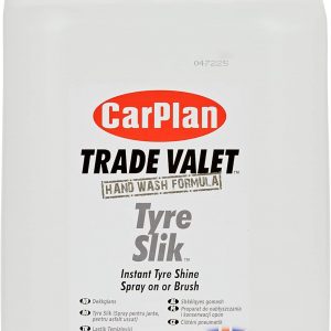 CarPlan Tyre Slik tyre shine spray—sleek black and silver can, standing tall. The label's got that glossy vibe, and check out the sprayer; it’s just waiting to give your tyres a killer gleam. Perfect touch for a snazzy ride, right?