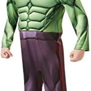 Green Hulk costume for kids—think padded muscle chest, tattered purple shorts that look like they’ve seen a battle, plus gloves to match. Perfect for little heroes ready to smash it!