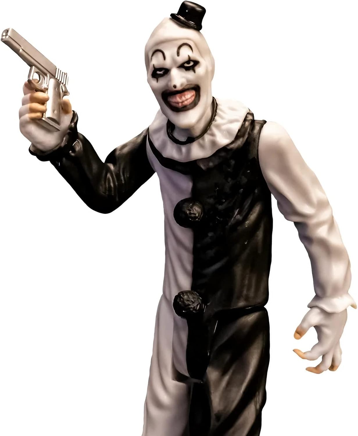 This Terrifier action figure? It’s got that chilling grin – you know the one. Clown costume’s all tattered, like it’s seen some wild nights. And the pose? Super menacing, just waiting to jump out at you. Plus, that blood-splattered backdrop—it really sets the scene, doesn't it?
