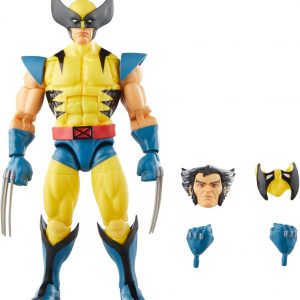 Wolverine action figure—decked out in blue and yellow, captures that classic animated vibe. Check out the fierce pose, ready for action, just waiting to leap off the display base. A must-have for any fan.