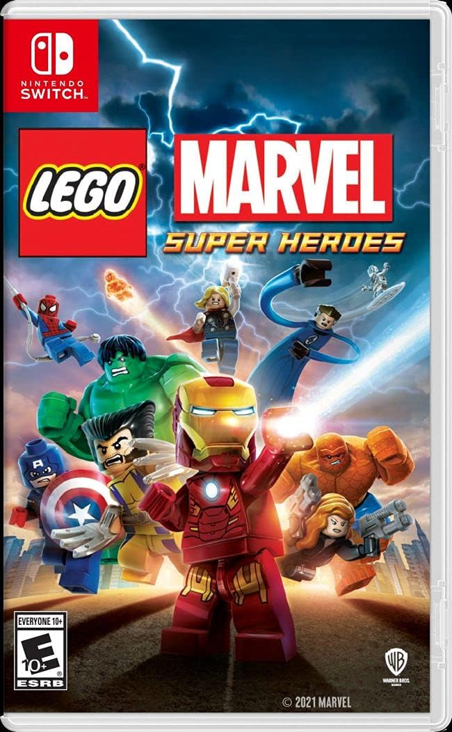 A vibrant LEGO Marvel Superheroes game cartridge sits inside its eye-catching packaging—featuring Iron Man, Spider-Man, and a whole crew of iconic characters. The artwork pops, practically begging for a place in your collection.