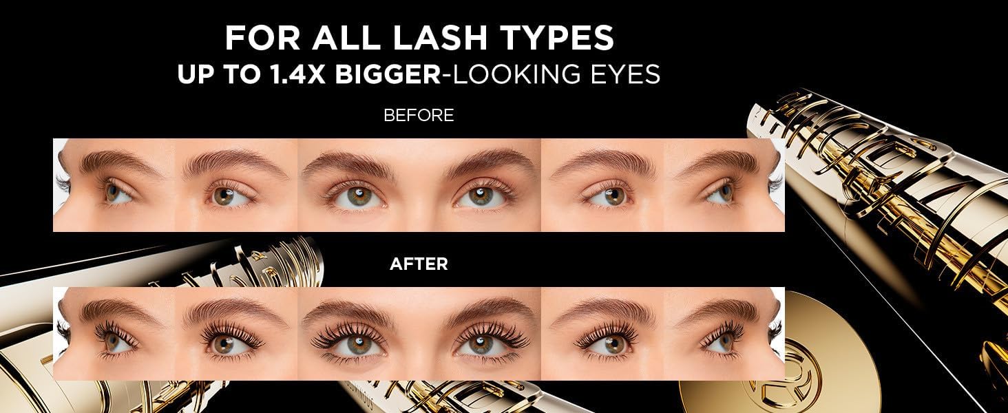 A sleek black tube of L'Oreal Paris Volume Million Lashes Panorama Mascara—yep, that classic design! The multi-level brush promises to redefine your lashes. It stands out against the crisp white background, practically begging to be tried.