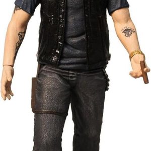 Sons of Anarchy's Clay Morrow figure—about 6 inches tall, rocking that detailed leather vest. Knife holster included, plus some alternate hands for good measure. Set against a plain backdrop, just letting his badassery shine through.