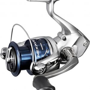 Shimano Nexave C 5000 HG spinning reel—silver, sleek design, compact. It’s striking against that white backdrop, really pops, doesn’t it? Perfect for those who want style without sacrificing function.