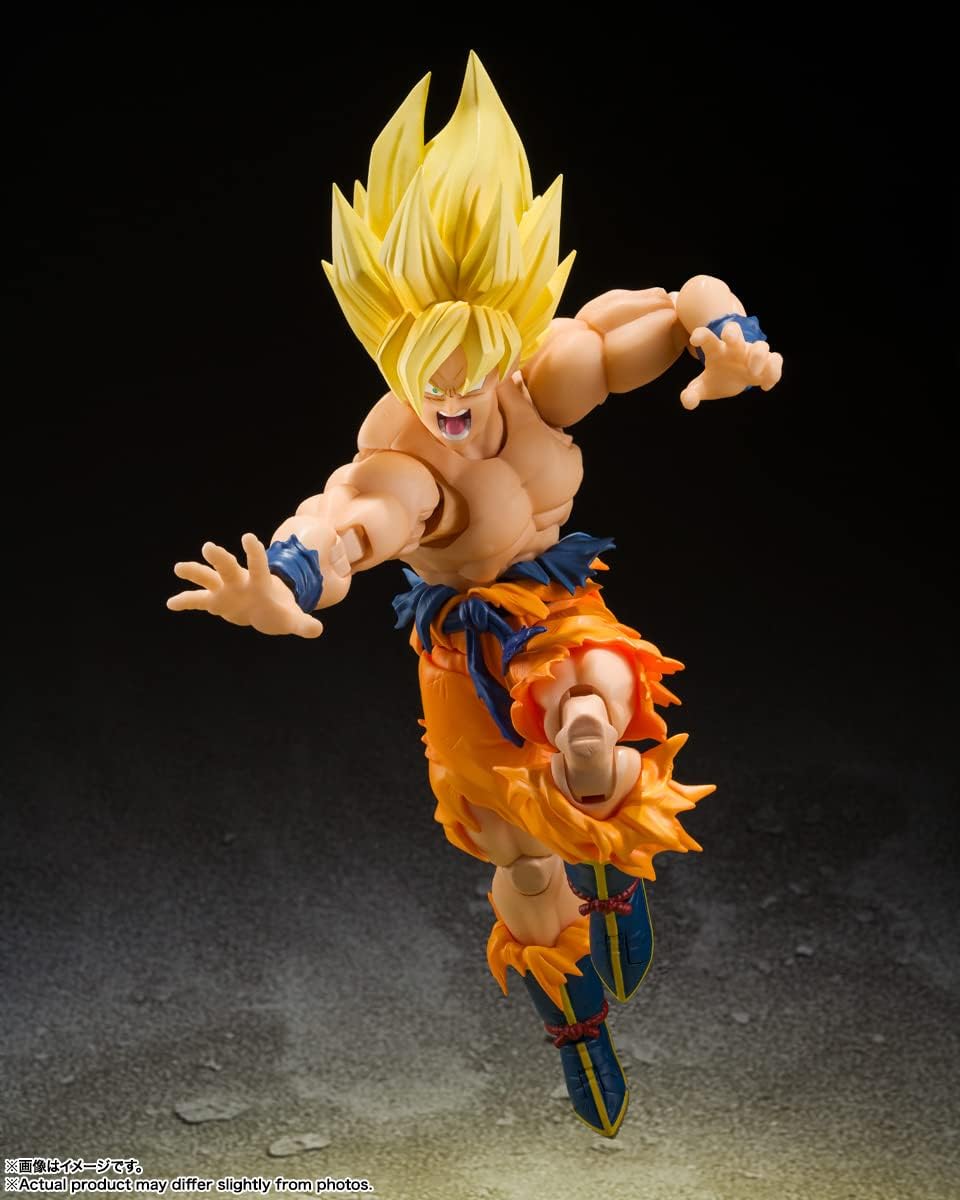 Super Saiyan Goku action figure from Dragon Ball Z—packed with vivid colours and killer articulation. Posed mid-battle, energy effects swirling around him. It's like he just jumped out of the show, right? Get ready for some serious nostalgia hits.