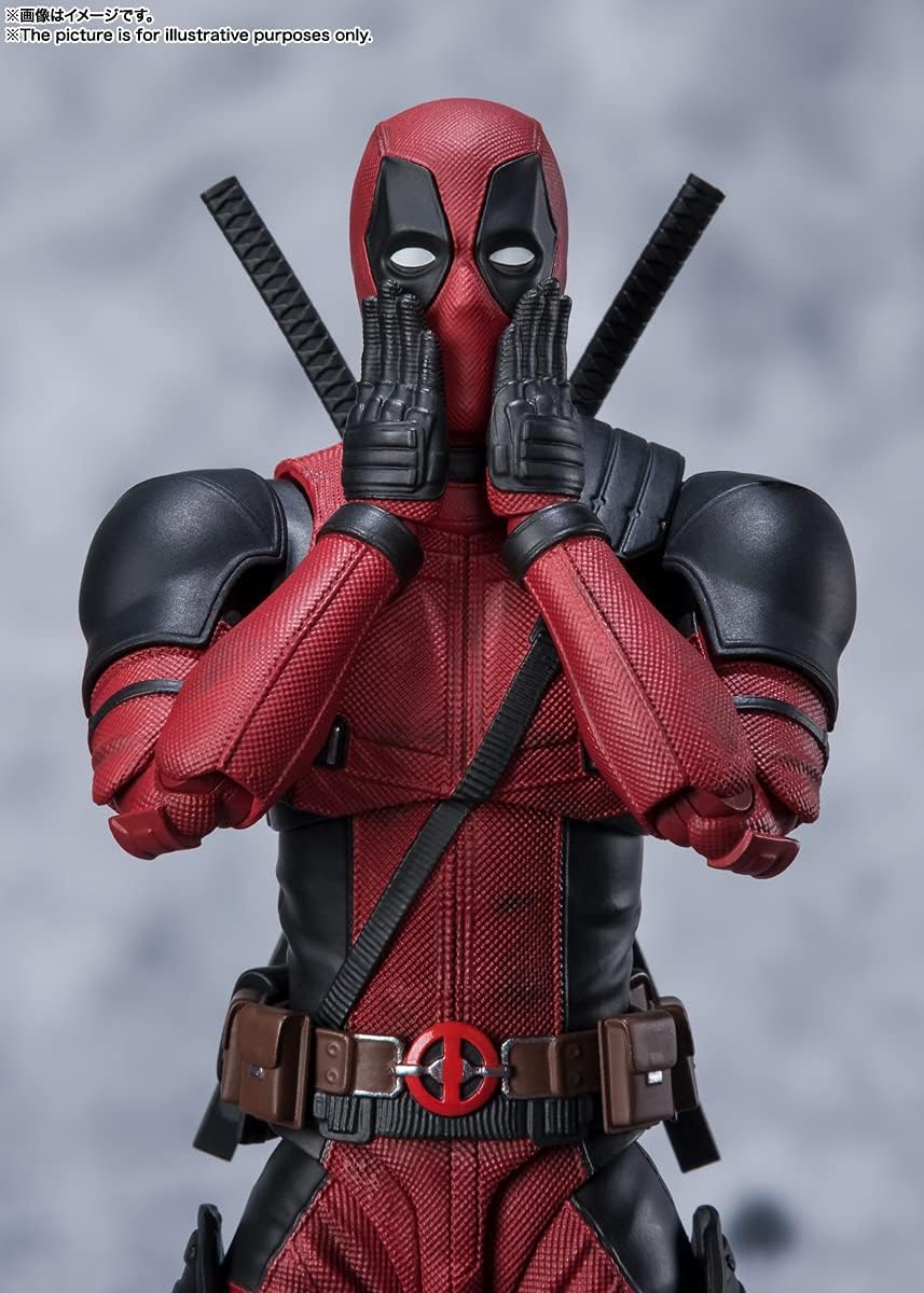 Deadpool action figure from S.H.Figuarts—strike a pose! Just look at all that detail. With interchangeable eyes and hands, you can mix it up however you like. This shot shows him off against a plain backdrop, but honestly, he steals the show.