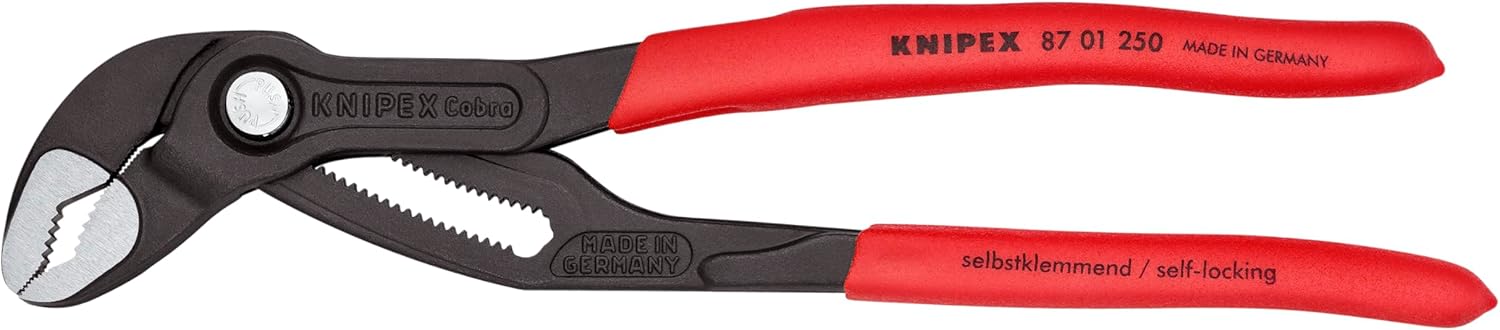 Knipex Cobra Pliers—red plastic grips, slick black finish, sitting pretty against a white backdrop. They’re bold, fierce—just what you need for gripping stuff like a pro.