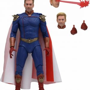 Homelander action figure—striking a bold, dynamic pose. You can’t miss that iconic blue and red outfit, right? The golden cape billowing behind him adds drama. Just look at those facial features—intense, kinda creepy but in a cool way. Perfect for fans or collectors.