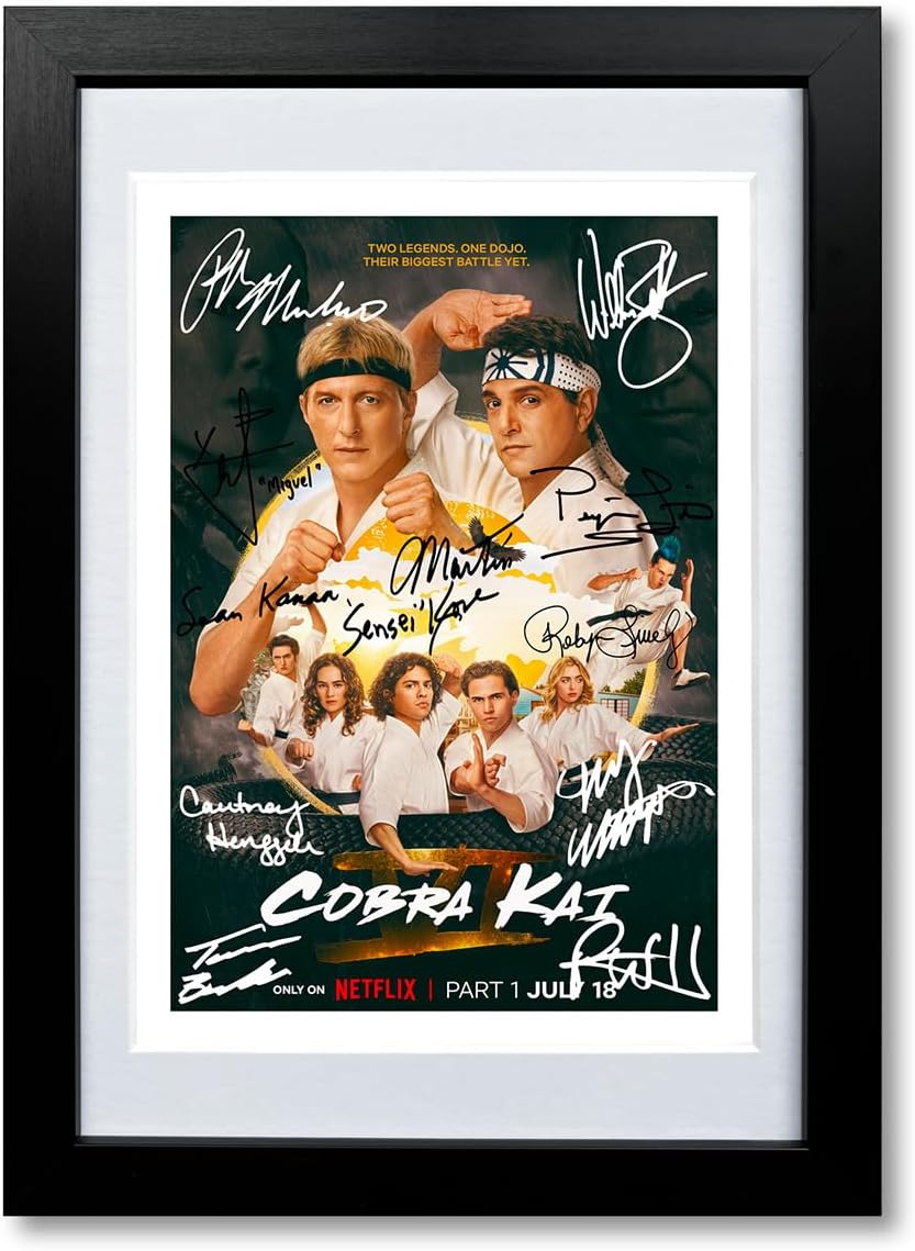 Cobra Kai Season 6 poster—framed in a sleek black border, poppin' colours jump out at ya, and hey, pre-printed autographs? A nice touch for any fan!