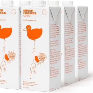 A bright carton of Minor Figures Chai—check out that lively design! You’ve got a chai latte illustration front and centre, with the brand’s logo strutting its stuff. It catches the eye, trust me.