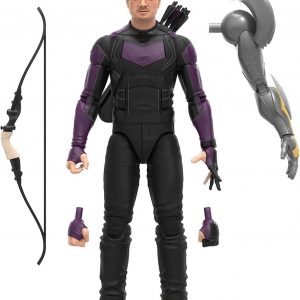 Hawkeye in action—this 6-inch figure pops with vibrant colours, sporting a wickedly detailed costume. Just look at that stance, ready to fire an arrow! Set against a simple, neutral backdrop, it really stands out.