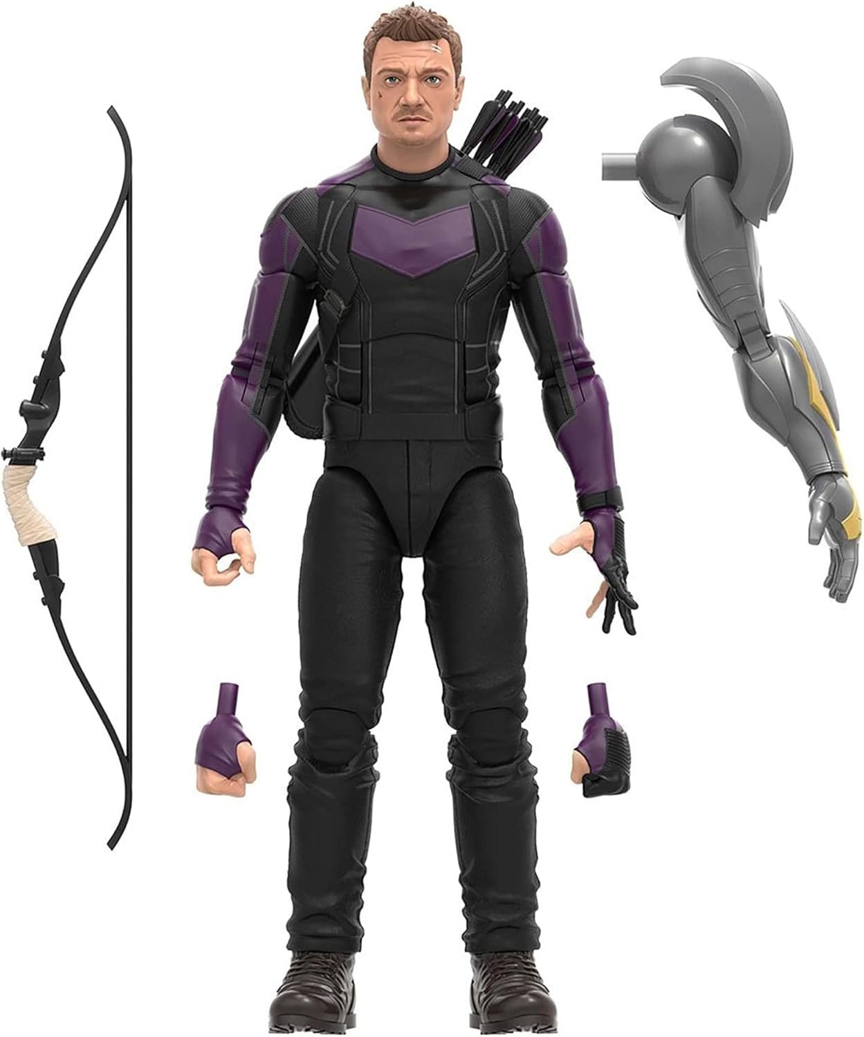 Hawkeye in action—this 6-inch figure pops with vibrant colours, sporting a wickedly detailed costume. Just look at that stance, ready to fire an arrow! Set against a simple, neutral backdrop, it really stands out.