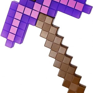 A massive Minecraft Enchanted Pickaxe—life-sized and bursting with vibrant colours—leans casually against a light backdrop, inviting you into its pixelated world.