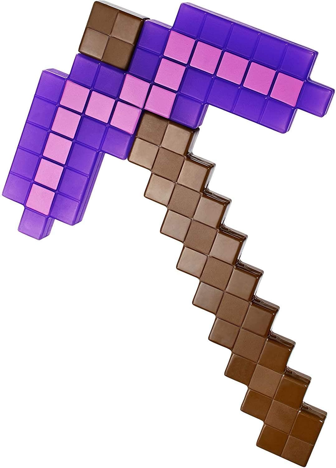A massive Minecraft Enchanted Pickaxe—life-sized and bursting with vibrant colours—leans casually against a light backdrop, inviting you into its pixelated world.