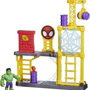 Spidey Hulk playset—it's a wild, colourful multi-level adventure. With a crane, barrels scattered about, and cool interactive bits for kids to really dive into their superhero stories. Perfect for any little hero ready to save the day!