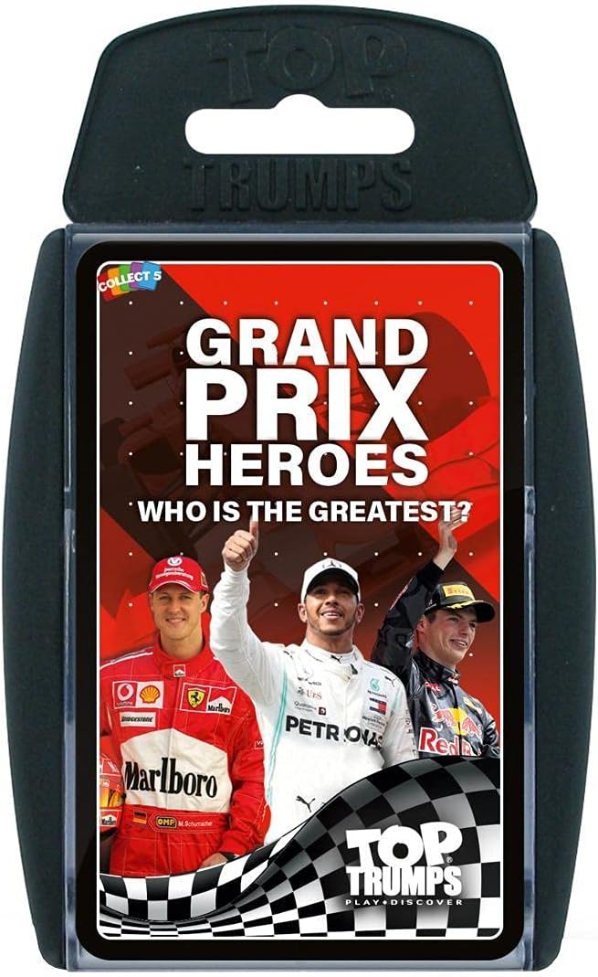 A zoomed-in shot of the Grand Prix Hero 2 card game box—vivid graphics pop, racing cars race across the surface. Perfect for any die-hard Formula 1 fan. It's like a mini adrenaline rush just looking at it!