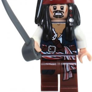Five Lego minifigures from the Pirates of the Caribbean series—Captain Jack Sparrow, looking all swashbuckling, along with his crew. They’re posed against a stark white background, making those iconic details pop. The hair, the hats, the expressions—there’s a bit of mischief in the air.