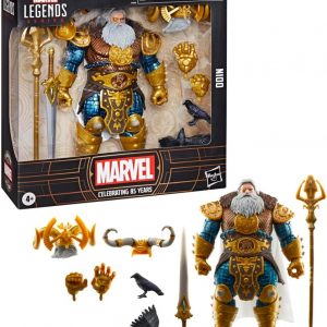 Odin action figure poised, majestic—draped in a lavish, flowing cape. The gold and white outfit? So striking. Accessories galore—helmets and a staff that really complete the look. All this against a simple backdrop, making this figure pop. Perfect for any Marvel fan.
