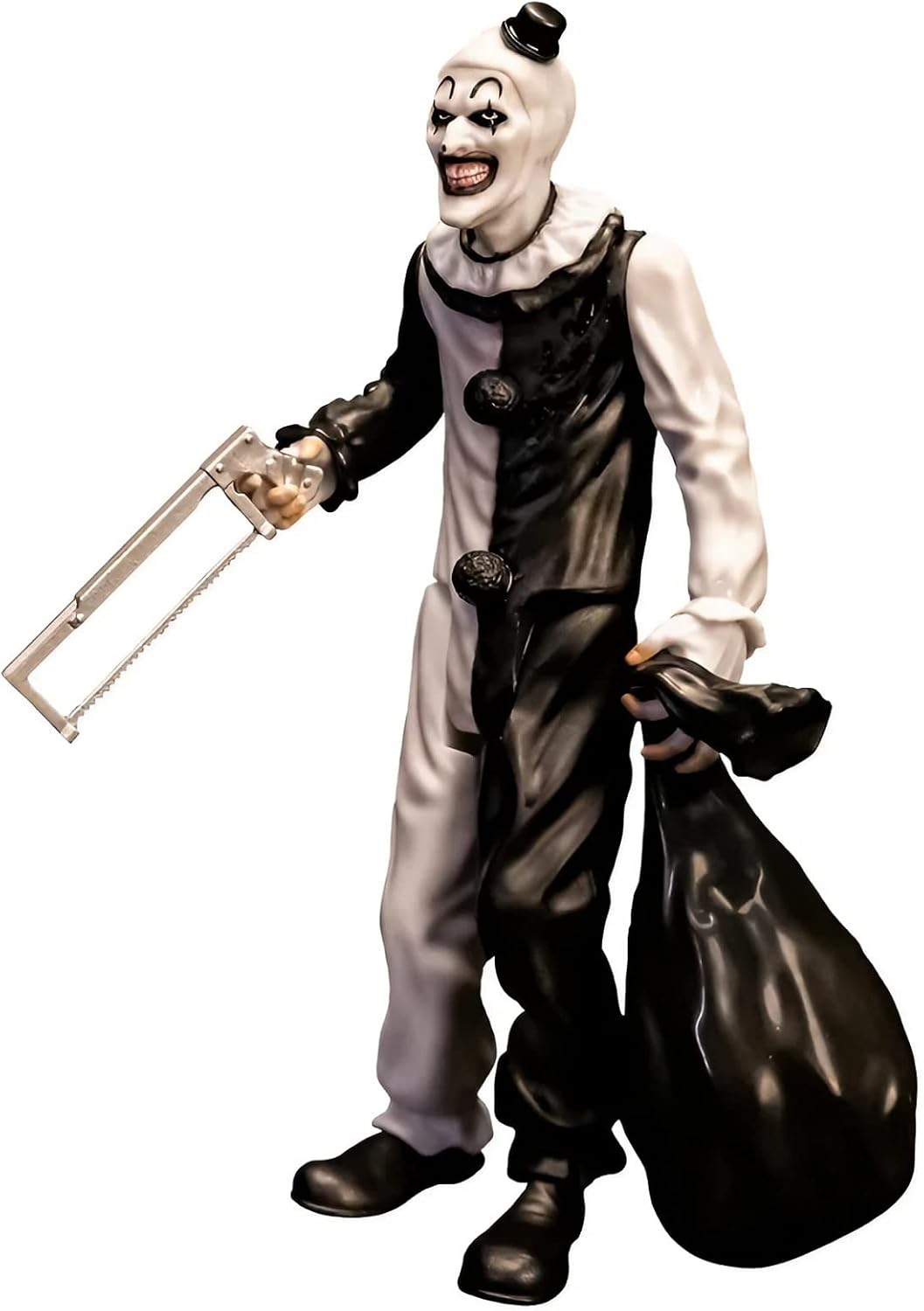 A grinning clown figure—totally creepy—strikes a menacing pose in front of a simple backdrop, which only makes it all the more unsettling. The details are wild; you can almost feel the twisted vibe radiating off it. Perfect for those who like their décor with a dash of terror.