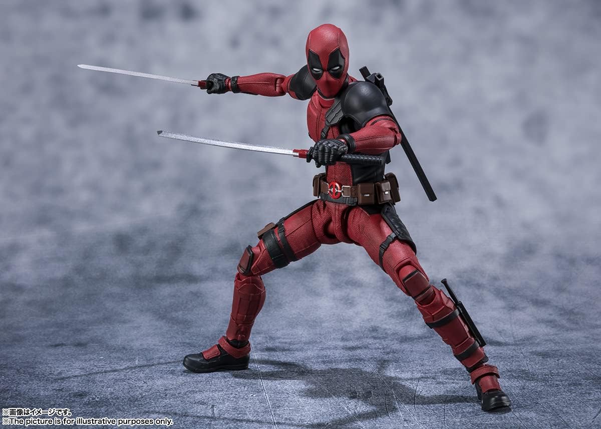 S.H.Figuarts Deadpool action figure—striking a killer dynamic pose, every detail pops. Those intricate features? Wow. Comes with loads of interchangeable parts, perfect for messing around. The plain background just lets him stand out even more, right?