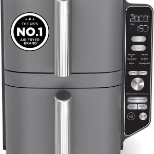 Sleek black Ninja kitchen gadget—looks sharp! Two cooking zones, plus those handy racks. Perfect for stacking and saving space. It’s like a cooking station, ready to take on anything. Just imagine the meals you could whip up.