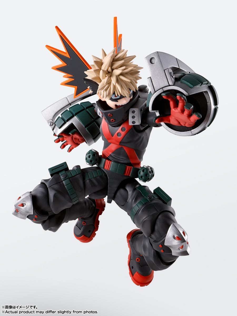 S.H.Figuarts Bakugo action figure—about 5.7" tall and bursting with crazy details. That fierce expression? Totally captures his vibe. Posed up with explosion effect parts on a display stand, it really stands out!