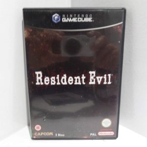 Creepy, atmospheric cover art for Resident Evil on GameCube—think dark, shadowy mansion vibes. The famous logo pops, drawing you into a world of suspense and dread. Perfect for fans of survival horror.