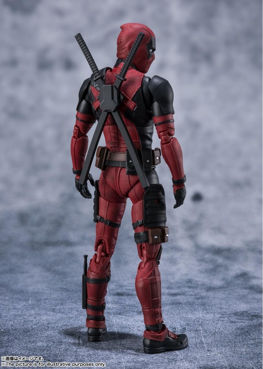 S.H.Figuarts Deadpool action figure striking a bold pose—look at those wild details! Multiple eye and hand parts mean you can really mix it up. Just pop him on the shelf or whatever. Background? Yeah, it's plain, but Deadpool steals the show anyway.