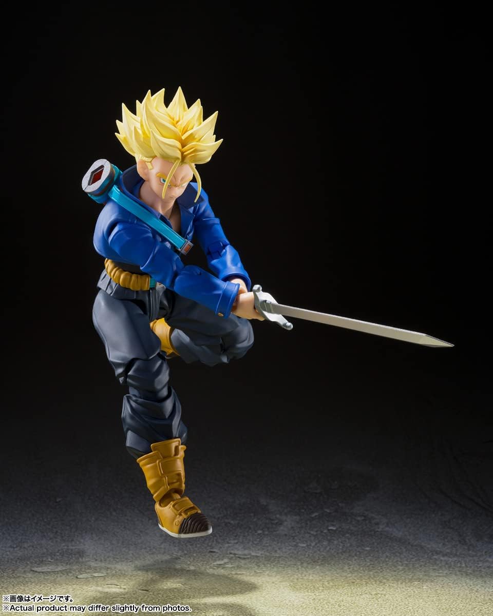 Super Saiyan Trunks action figure—blue hair, sword in hand, looking like he’s about to take on the world. Posed dynamically, ready for epic battles; a perfect addition for any collector or fan.